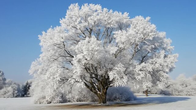 A majestic, frosted tree stands in a snow-covered field under a clear blue sky
