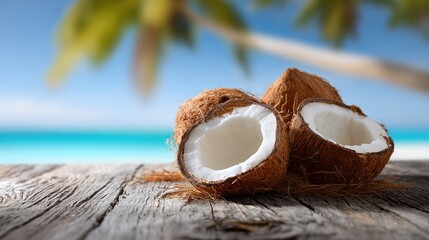 Whole and halved coconuts on wooden table, tropical beach