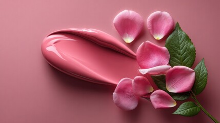 Fototapeta premium Creamy lip gloss with rose petals on soft pastel table