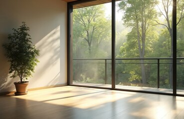 Fototapeta premium Minimalist room with large glass walls revealing rich forest outside. Morning sun casts geometric shadows across light wood floor. Single potted plant adds touch of green to serene, empty space.