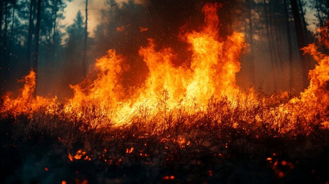 A vivid image of burning flames spreading across a forest floor during a wildfire, symbolizing danger, natural disaster, destruction, climate crisis, ecology, survival, uncontrollable power of fire.