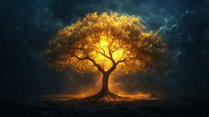 A majestic glowing tree illuminated with golden light standing against a dramatic stormy sky with lightning in the distance, symbolizing strength, resilience, nature beauty, mystery, and power of life