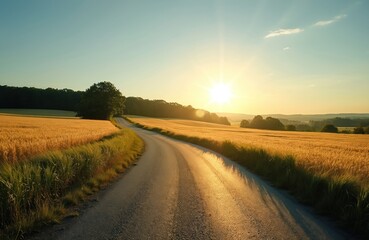 Winding country road through golden wheat fields under a bright sun. Lush green trees border the farmland, leading towards rolling hills and a clear blue sky.