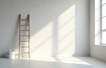 Wooden ladder and paint bucket stand near clean white wall. Sunlight streams through window creating geometric shadows on floor. Room prepared for renovation or redecoration project.