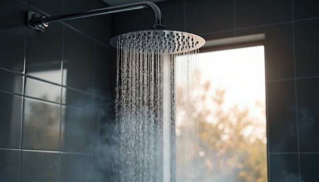 Hot water stream falls from shower head in modern bathroom. Steam rises near window with blurry trees background. Clean, fresh, wet, hygiene.