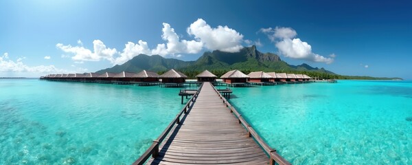 Wooden walkway leads to overwater bungalows on clear turquoise sea. Lush green mountains rise behind island resort under sunny blue sky. Tropical paradise vacation destination.
