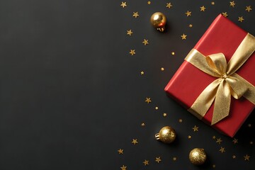 Red gift box with a golden ribbon on a black background, surrounded by gold stars and ornaments, creating a festive, elegant and luxurious holiday atmosphere.