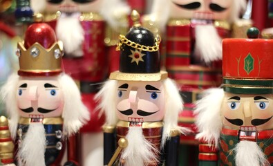 Nutcrackers figures toys dolls in the store festive photo Christmas new Year 