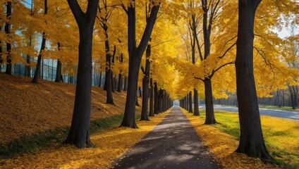 A path between trees with yellow leaves in autumn