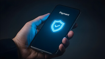 Hand holds smartphone displaying glowing security shield checkmark icon ensuring safe digital payment transaction on dark technology background concept