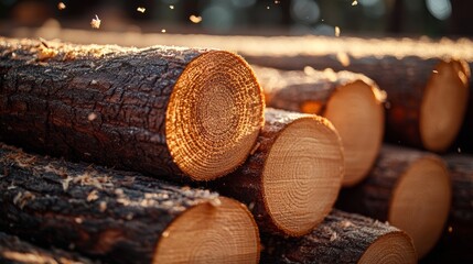 A pile of freshly cut logs stacked together in a forest illuminated by warm sunlight, natural wood texture, logging industry, forestry, lumber production, renewable resources and environmental themes.