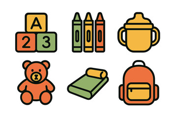 Colorful icons representing childhood, learning, and baby essentials like blocks, crayons, and a teddy bear