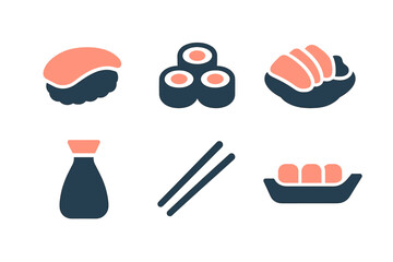 Minimalist icons of sushi, maki rolls, sashimi, soy sauce, and chopsticks © PAPA STOCK