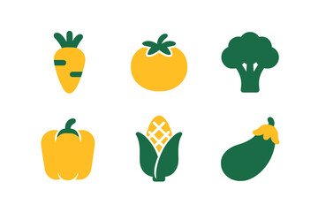 Minimalist set of six common vegetable icons: carrot, tomato, broccoli, pepper, corn, eggplant