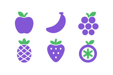 Simple purple and green tropical and common fruit symbols for healthy eating concepts