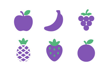 Minimalist set of six fruit symbols in purple and green flat design