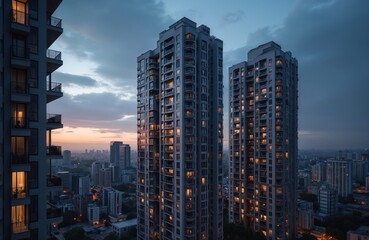 Obraz premium Modern high rise apartment buildings in city at dusk. Lit windows show occupied homes. Cityscape with dense urban housing and apartment blocks in background.