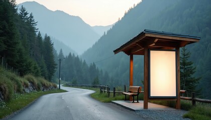 Empty billboard on mountain road bus stop. Scenic forest backdrop, bench nearby. Ideal for outdoor ads, travel promos, or scenic route marketing.