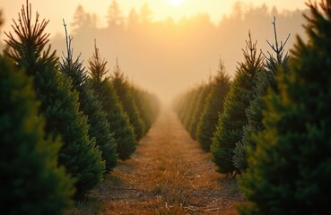 Rows of evergreen trees stretch into soft morning fog. Sunbeams pierce mist over a rural tree farm pathway. Fresh firs await holiday season.