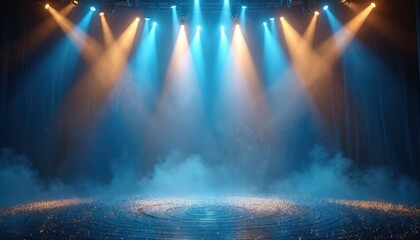 Fototapeta na wymiar Empty stage shines with blue and gold spotlights smoke and glitter on floor. Dark curtains frame illuminated concert venue. Dramatic atmosphere for performance art show.