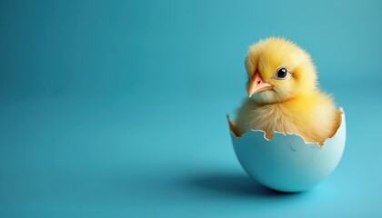 Fluffy yellow chick in light blue eggshell, isolated on plain turquoise background. Newborn bird emerges, symbolizing new life. Cute Easter poultry.