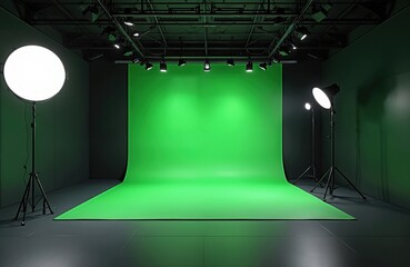Empty studio with green screen background and professional lighting equipment for video production. This is chroma key set for digital media creation and special effects in filmmaking.