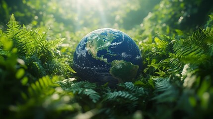 A detailed Earth globe nestled among green ferns illuminated by soft sunlight in a natural forest, ecology, environment, climate protection, sustainability, green energy, biodiversity and harmony.