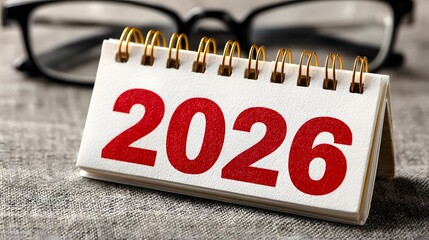 Calendar page displaying the year 2026 in bold red numbers, placed on a textured surface with reading glasses in the background, symbolizing planning and future aspirations