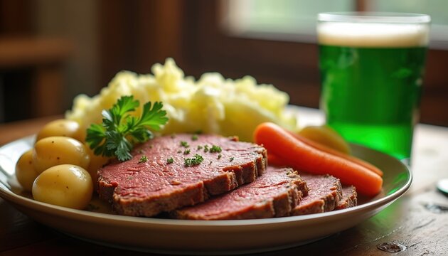 Hearty corned beef and cabbage plate with potatoes, carrots, and parsley garnish next to green beer. Traditional Irish holiday meal for St Patricks day celebration.