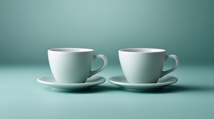 Porcelain tea cups facing aqua background with soft reflection
