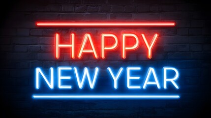 Neon sign displaying the phrase Happy New Year in bright red and blue colors against a dark brick wall, creating a festive atmosphere for celebrations and events