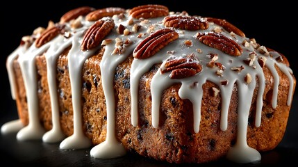 Deliciously baked loaf cake topped with creamy icing and pecans, showcasing a rich texture and inviting appearance, perfect for dessert lovers and festive occasions