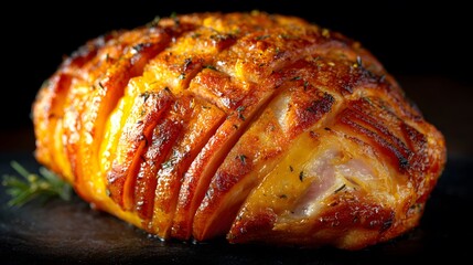 Deliciously roasted meat dish, expertly seasoned with herbs, showcasing a golden-brown crispy exterior, garnished with fresh herbs, perfect for culinary presentations and gourmet dining experiences