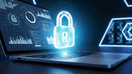 Cybersecurity data protection with glowing digital padlock on modern laptop, securing digital network, online privacy on future technology - Powered by Adobe