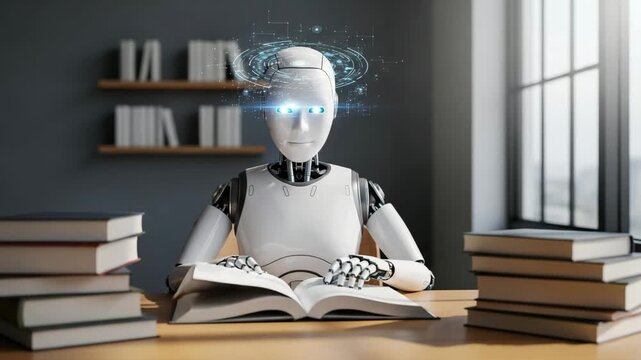 Futuristic robot studying books, absorbing knowledge with glowing eyes in bright workspace, dynamic AI learning and education concept