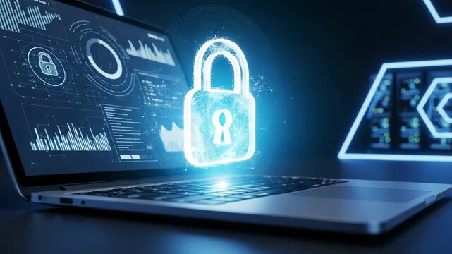 Cybersecurity data protection with glowing digital padlock on modern laptop, securing digital network, online privacy on future technology