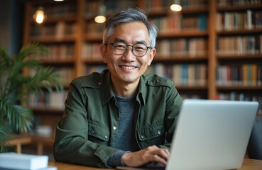 Obraz premium Mature Asian man smiles working on laptop in library. Professor or scholar in his 40s with glasses at university or college. He has gray hair and wears a green jacket.