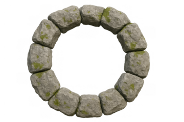 Stone circle forming a campfire or a ritual site, arranged with rough, moss-covered rocks on a transparent background