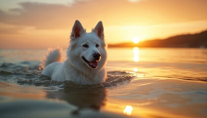 White dog swims in water at golden sunset. Happy wet pet enjoys cool ocean waves, reflects warm sun. Purebred canine plays outside near shore.