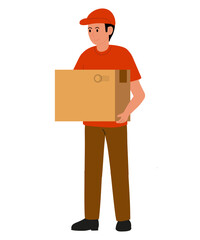 Delivery person or mailman in overalls wearing orange hat smiling and holding large brown cardboard box. Professions collection