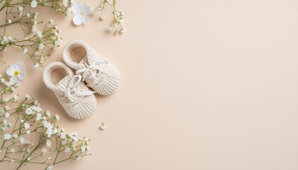 oft warm ivory background with a small white paper-cut baby bootie in top left corner