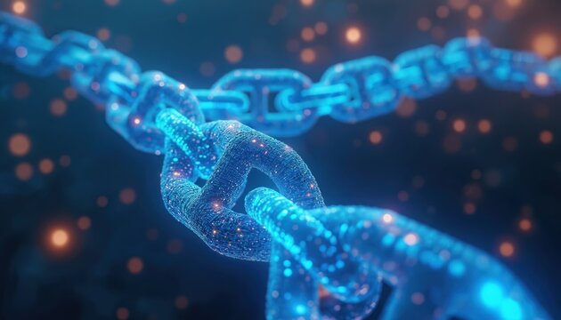 Digital blockchain chain links connect globally. Data flows securely, ensuring product transparency and supply chain traceability for businesses and consumers.