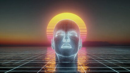 Glowing head on neon grid