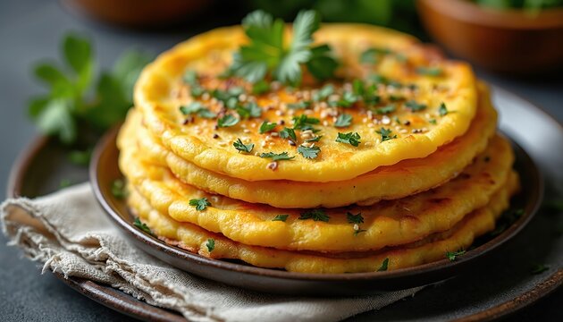 Stack of chickpea flour pancakes, also known as socca or farinata. Garnished with fresh herbs and sesame seeds, served on rustic plate. This simple, healthy Mediterranean dish is perfect for any meal.
