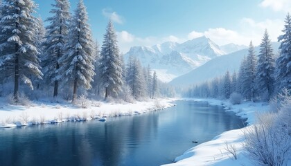 Snowy winter forest landscape with a blue river flowing through it. Tall pine trees covered in snow line the banks, leading to distant snow-capped mountains under a bright, clear sky.