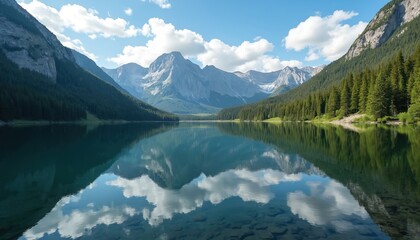 Calm lake reflects snow capped mountains and green pine forest under blue sky with white clouds. Rocky bottom visible in clear water. Nature landscape scenery.
