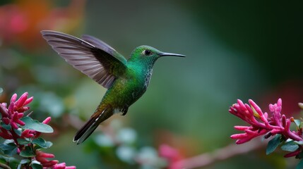 Naklejka premium Vibrant Green Hummingbird in Flight, Sipping Nectar from Colorful Flower in Nature's Wildlife Scene