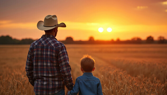 Father and son walk through wheat field at sunset. Cowboy dad and child hold hands. Rural country scene, golden hour light. Agricultural farm work life.
