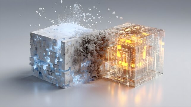 Legacy data cube breaking apart into glowing AI cloud core, digital transformation, artificial intelligence, data migration and next generation cloud computing technology concept
