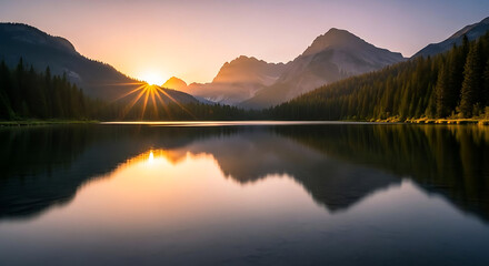 Serene mountain lake at sunrise with reflection in calm water surrounded by trees and hills